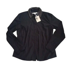 Boston Proper Button Up Blouse SZ 14 New Black Stretch Beaded Collar Long Sleeve